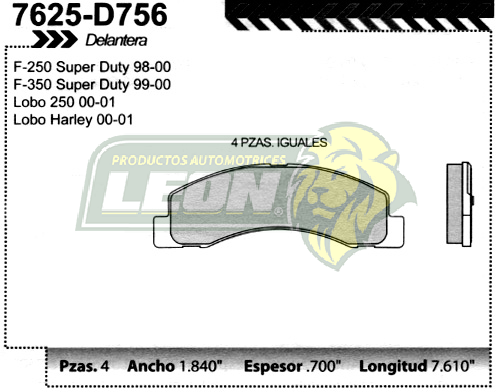 BALATA F.D. R.D. FORD PK-UP, F-250, S. DUTY 98-00, F-350 98-00, LOBO 250 00-04, EXCURSION 01-05
