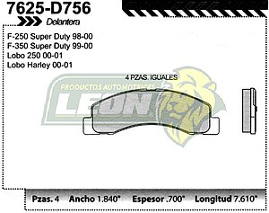 BALATA F.D. R.D. FORD PK-UP, F-250, S. DUTY 98-00, F-350 98-00, LOBO 250 00-04, EXCURSION 01-05