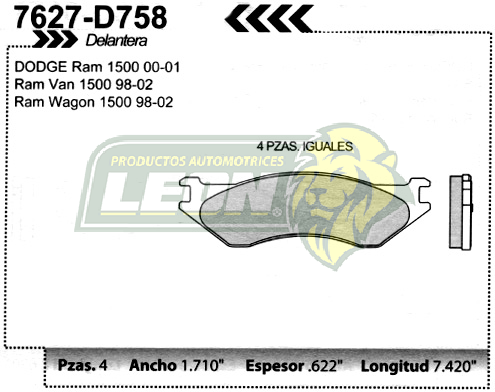 BALATA F.D. R.D. DODGE RAM PK-UP 1500 98-02, RAM VAN 1500 98-02