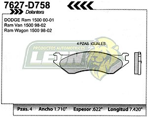 BALATA F.D. R.D. DODGE RAM PK-UP 1500 98-02, RAM VAN 1500 98-02
