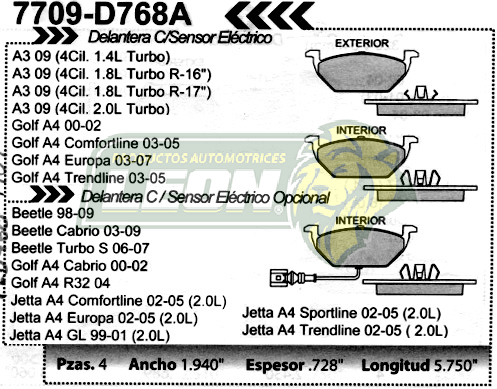 BALATA F.D. R.D. VW GOLF A4 99-06, JETTA A4 99-07, BEETLE 98-07 CON SENSOR