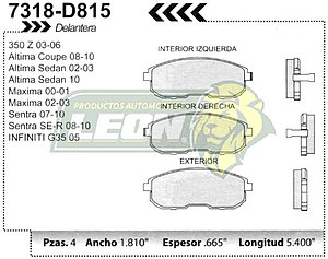 BALATA F.D. R.D. NISSAN ALTIMA 02-09, MAXIMA 00-03, SENTRA 07-10, 350Z 03-05, VERSA 07-09