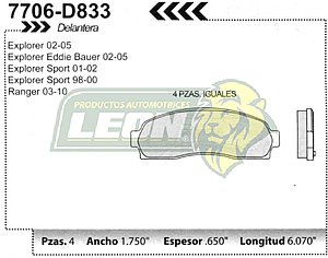 BALATA F.D. R.D. FORD EXPLORER 01-05, SPORT 01, RANGER 03-12, MAZDA B2300, B3000, B4000 03-10, MERCURY MOUNTAINNER 02-05