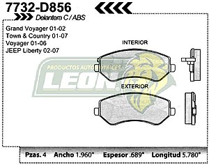 BALATA F.D. R.D. CHRYSLER TOWN & COUNTRY, MINI VAN, CARAVAN Y GRAND CARAVAN 01-04, VOYAGER, GRAN VOYAGER 01-03, JEEP LIBERTY 02-07 CON ABS