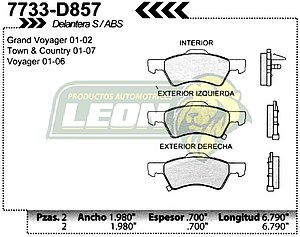 BALATA F.D. R.D. CHRYSLER TOWN & COUNTRY, MINI VAN, VOYAGER Y GRAND VOYAGER, CARAVAN Y GRAND CARAVAN 01-03 SIN ABS