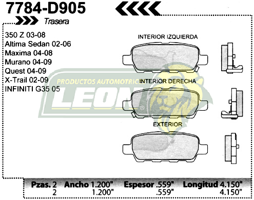 BALATA F.D. R.T. NISSAN X TRAIL 02-07, 350Z 03-04 ALTIMA 02-04, MAXIMA 03-08, MURANO 03-08, QUEST 04 INFINITI FX35, FX45, G35 03-04