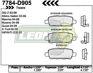 BALATA F.D. R.T. NISSAN X TRAIL 02-07, 350Z 03-04 ALTIMA 02-04, MAXIMA 03-08, MURANO 03-08, QUEST 04 INFINITI FX35, FX45, G35 03-04