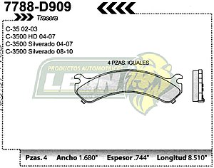 BALATA F.D. R.T. G.M. SIERRA 3500 01-07, SILVERADO 2500, 3500 99-07, SILVERADO HD 12000 07-09, C-4500 01-