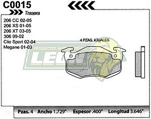 BALATA F.D. R.D. PEUGEOT 206 XS 01-07, 206 XT 03-07, 206CC 02-07, 306 99-02, RENAULT CLIO SPORT 02-08, MEGANE 01-04