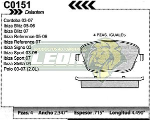 BALATA F.D. R.D. SEAT IBIZA 03-07, CORDOBA 03-07, VW POLO 03-08