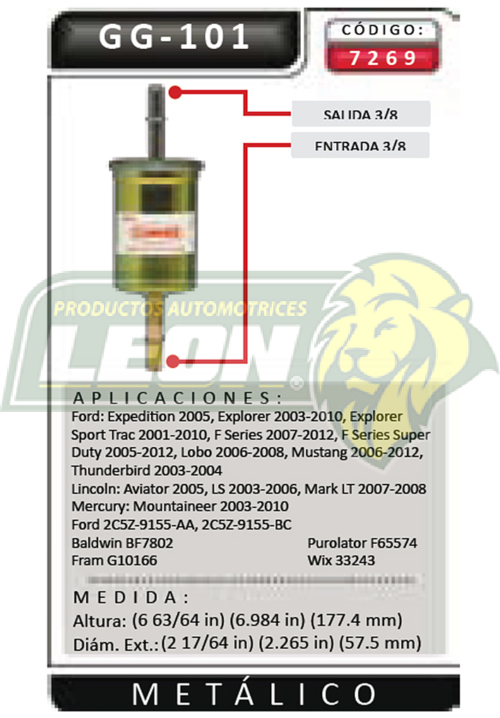 FILTRO GASOLINA FORD EXPLORER, SPORT TRAC, “F”, SUPER DUTY, LOBO, MUSTANG, RANGER, ETC.