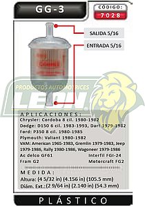FILTRO GASOLINA UNIVERSAL CHICO FORD, G.M., DODGE 5/16 CON MANGUERAS PLASTICO