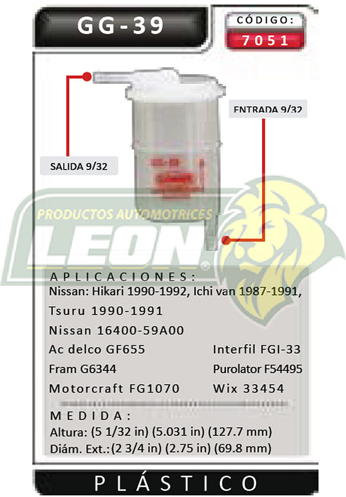 FILTRO GASOLINA NISSAN TSURU II, HIKARI 88-91 PLASTICO