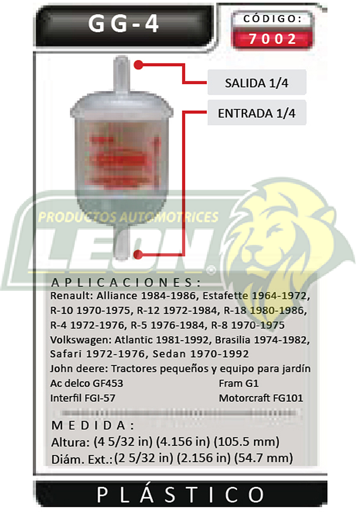 FILTRO GASOLINA VW COMBI, PANEL M.1600 “EUROPEO” PLASTICO