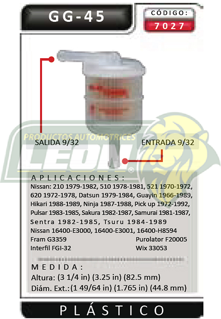 FILTRO GASOLINA DATSUN, NISSAN 1/4 PLASTICO