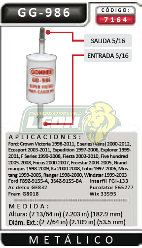 FILTRO GASOLINA FORD FOCUS 00-01, EXPEDITION, MUSTANG Y MARQUIS 99-00, CAMIONES “F” 98-99, ECO SPORT