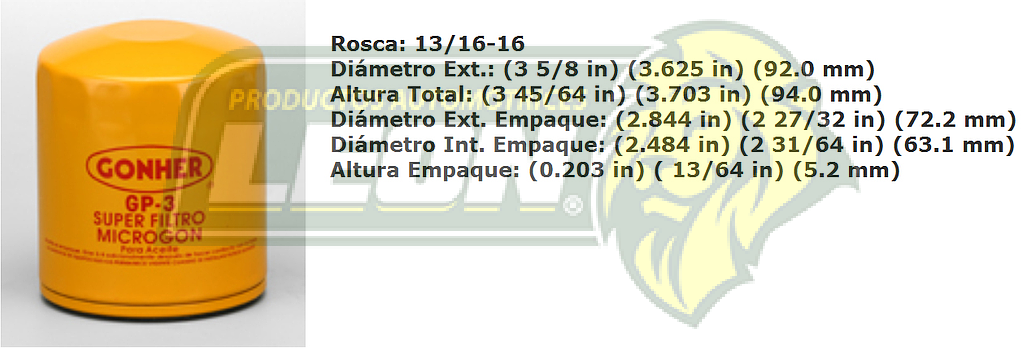 FILTRO ACEITE G.M. CAMARO Z28, PONTIAC, FIREBIRD, TRANSAM F.I., CORVETTE, CAPRICE, SERVICIO PESADO JOHN DEERE, HYSTER MONTACARGAS, GM CAMION, ALLIS CHALMERS PISCADORAS DE ALGODON CORTO