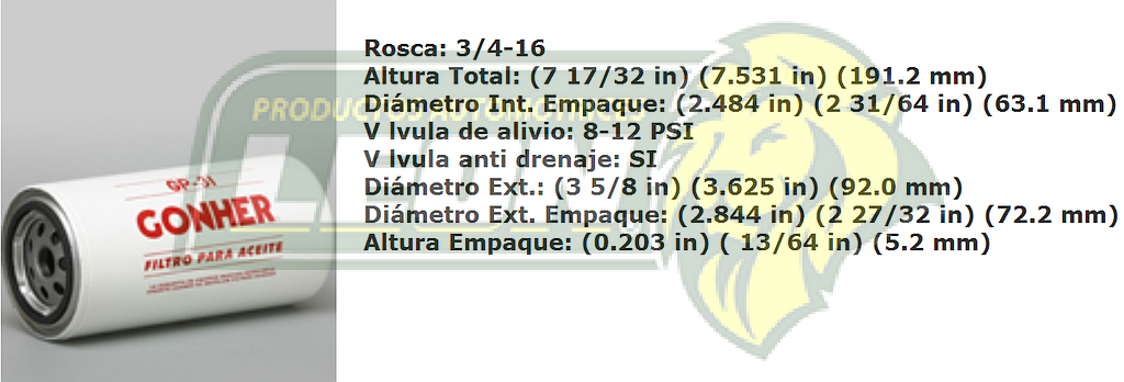 FILTRO ACEITE PERKINS 354 L6 F.IV-S-542, S-500 TURBO, FAMSA (PERKINS 354 L6) SERV. PESADO