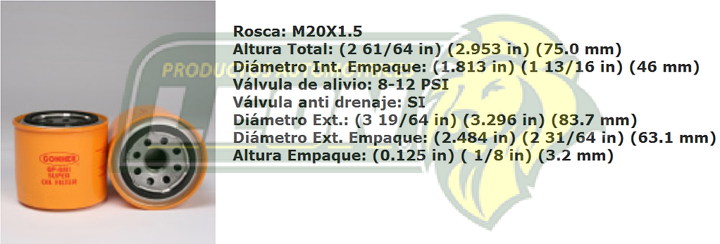 FILTRO ACEITE HONDA ACCORD 00-02, CIVIC 01-02 (CORTO), SERVICIO PESADO WHITE, VOLVO, NISSAN, KOMATSU, KOHLER, JOHN DEERE, ISUZU, I.H.C. HARVESTER, HYUNDAI EXCAVADORA, DAEWOO, CLARK