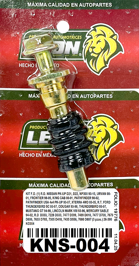 KIT F.D. (1) R.D. NISSAN PK-UP D21, D22, NP300 93-15, URVAN 00-01, FRONTIER 98-05, KING CAB 00-01, PATHFINDER 98-02, PATHFINDER USA 4x4 PK-UP 93-07, XTERRA 4WD 03-05, R.T. FORD THUNDERBIRD SC 93-97, COUGAR 93-98, THUNDERBIRD 93-97, MUSTANG GT 94-98, LINCOLN MARK VIII 93-96, MERCURY SABLE 94-02, R.D. LINCOLN CONTINENTAL 98-99, R.D. GEO TRACKER 2 Y 4 PUERTAS 96-05, SUZUKI SIDEKICK 4DR 92-97 7X28 D333, 7228 D333, 7477 D599, 7489 D610, 7477 D708, 7679 D806, 7633 D765, 7305 D418, 7435 D556, 7680 D807 (3 pzas.) 26-390