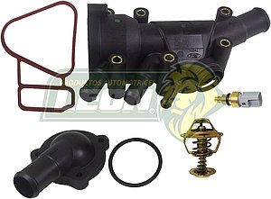 TOMA AGUA C/TERMOSTATO P/BOMBA DE AGUA FORD FIESTA 03-10 1.6, IKON 00-15 1.6L, KA 01-08 1.6L 82° C/CARCASA, JUNTA Y SENSOR “BRIDA TIPO TORTUGA” (PLASTICO)
