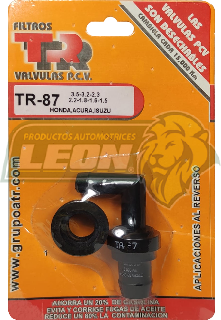 VALVULA PCV TR HONDA ACCORD 2.2L L4 94-96, 2.7L V6 95-97, CRV 2.0L L4 97-01, PASSPORT 3.2L V6 96-01, PRELUDE 2.2L L4 94-97, 2.3L L4 94-96, S2000 2.0L L4 00-03, ACURA SLX 3.2L V6 96-97, 3.5L V6 98-99, ISUZU AMIGO 3.2L V6 98-00, AXIOM 3.5L V6 2002, OASIS 2.3L L4 96-97, RODEO 3.2L V6 96-01, TROOPER 3.2L V6 96-97, 3.5L V6 98-01, VEHICROSS 3.5L V6 99-01 (INC. EMPAQUE)