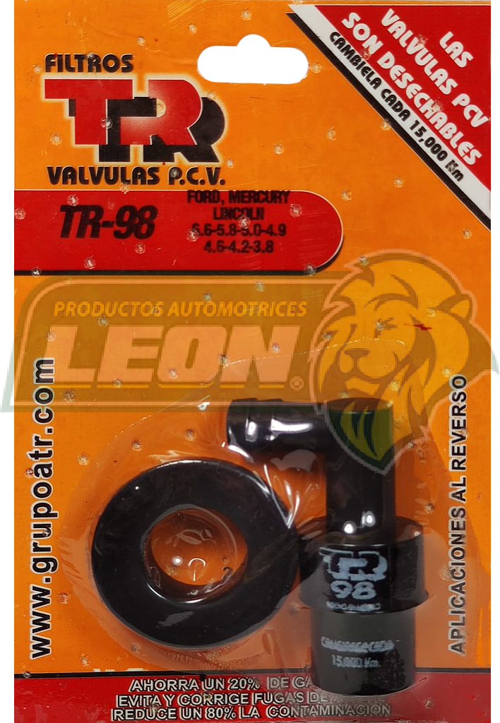 VALVULA PCV TR FORD MUSTANG 4.6L V8 96-01, 5.0L V8 76-84, 4.6L V8 96-01, F-350 5.0L V8 1980, FAIRMONT 4.2L V8 80-82, MAVERICK 4.7L V8 70-77, BRONCO 5.0L V8 80-84, 5.8L V8 81-82, COUNTRY SQUIRE 5.0L V8 87-91, CROWN VICTORIA 4.6L V8 92-02, ECONOLINE E-100 4.9L V8 1979, 5.0L V8 79-80, 5.8L V8 1979, E-150 4.9L L6 1979, 5.0L V8 82-85, E-250 4.9L L6 1979, 5.0L V8 82-85, E-350 5.0L V8 1980, F-100 5.0L V8 79-80, 4.2L V8 1982, 3.8L V6 1983, F-150 5.0L V8 82-85, F-250 5.0L V8 82-85, F-350 5.0L V8 85-86, GRANADA 4.2L V8 1980, 5.0L V8 80-81, LTD 5.0L V8 81-85, 5.8L V8 81-86, 2.3L L4 1983, LINCOLN CONTINENTAL 5.8L V8 1982, MARK VI 5.8L V8 1980, 5.0L V8 81-83, VERSAILLES 5.0L V8 1980, MERCURY CAPRI 4.2L V8 80-82, 5.0L V8 82-86, MARQUIS 5.0L V8 79-82, 4.2L V8 81-82, MONARCH 4.2L V8 1980, ZEPHYR 4.2L V8 80-82 (INC. EMPAQUE)