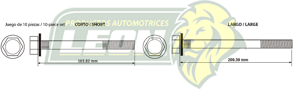 TORNILLO CABEZA MOTOR DODGE 2.0L SOHC NEON 00-05 ($ x pza.) 11x1.50 mm, LGO. 164/209 mm, LL. HEX. 15 mm