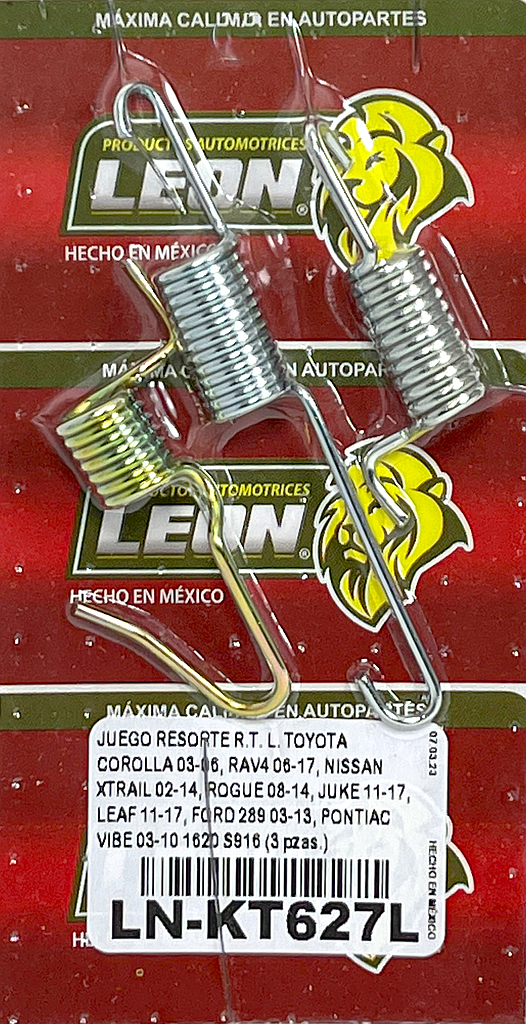 JUEGO RESORTE R.T. L. TOYOTA COROLLA 03-06, RAV4 06-17, NISSAN XTRAIL 02-14, ROGUE 08-14, JUKE 11-17, LEAF 11-17, FORD 289 03-13, PONTIAC VIBE 03-10 1620 S916 (3 pzas.)