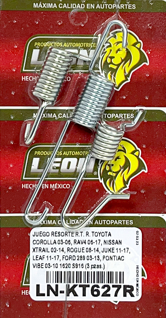 JUEGO RESORTE R.T. R. TOYOTA COROLLA 03-06, RAV4 06-17, NISSAN XTRAIL 02-14, ROGUE 08-14, JUKE 11-17, LEAF 11-17, FORD 289 03-13, PONTIAC VIBE 03-10 1620 S916 (3 pzas.)
