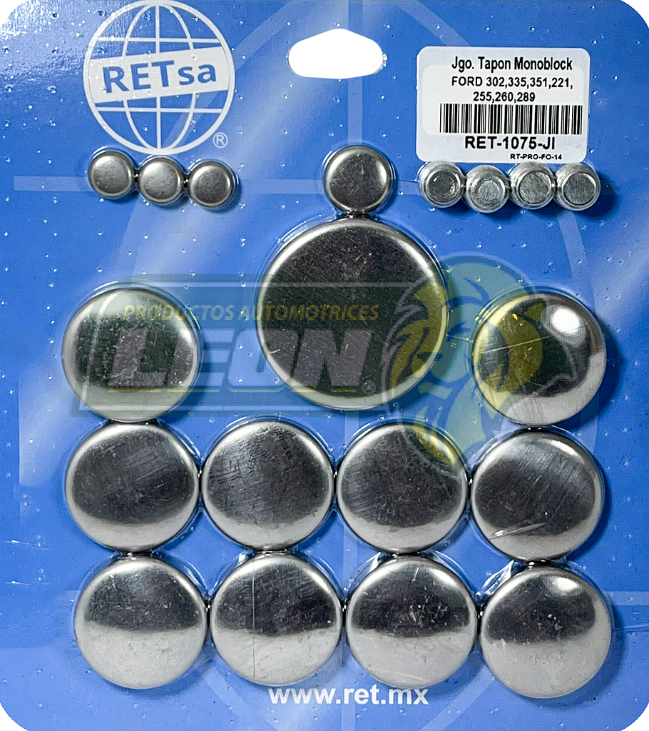 JUEGO SELLO MONOBLOCK FORD M.221, 255, 260, 289, 302, 335, 351N (ACERO INOXIDABLE)