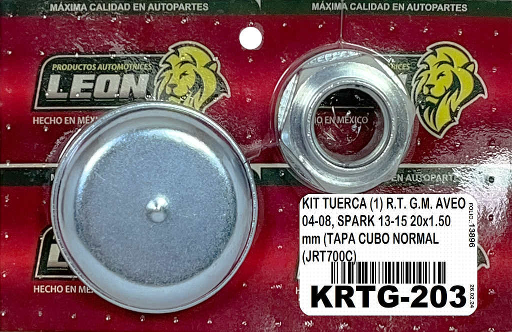 KIT TUERCA (1) R.T. G.M. AVEO 04-08, SPARK 13-15 20x1.50 mm (TAPA CUBO NORMAL (JRT700C)