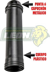 CUBREPOLVO P/REBOTE AMORTIGUADOR G.M. AVEO 09-18 1.6L, SPARK, PONTIAC G3 06-10 1.6L TRASERO “LARGO PUNTA ó CAPUCHÓN METÁLICO, CUERPO PLÁSTICO” BRUCK