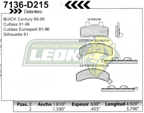 BALATA F.D. BUICK CENTURY 89-96, OLDSMOBILE CUTLASS Y EUROSPORT 91-96, CTA. SILHOUTTE 91