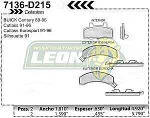 BALATA F.D. BUICK CENTURY 89-96, OLDSMOBILE CUTLASS Y EUROSPORT 91-96, CTA. SILHOUTTE 91