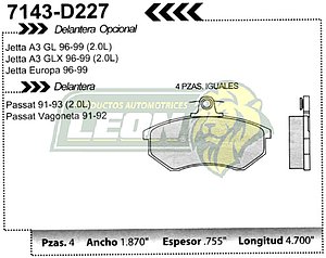 BALATA F.D. GOLF, JETTA A3 2.0L GL, GLX, 93-99, JETTA VR6 95-96, PASSAT 91-92 (DISCO VENTILADO) IBIZA 01-02, CORDOBA 01-02