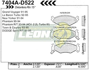 BALATA F.D. LeBARON TURBO 92-95, PHANTOM 90-94, SPIRIT R/T RIN 15” 91-95, TOWN & COUNTRY 93-94 (OPCIONAL), VOYAGER Y GRAND VOYAGER 91-94 (OPCIONAL), NEW YORKER 91-94