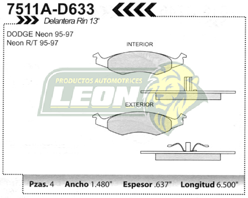 BALATA F.D. DODGE NEON RIN 13”, R/T 94-98 R.D.