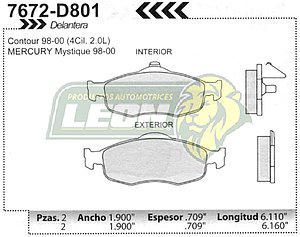 BALATA F.D. FORD CONTOUR 99 (OPC.), MYSTIQUE 99-01 (OPC.) DELANTERA