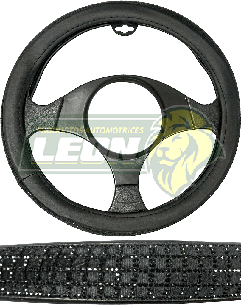 FUNDA P/VOLANTE NEGRA CON PEDRERIA T/DIAMANTE EN CUADRO NEGRO, MEDIANA 38 cm.
