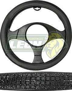 FUNDA P/VOLANTE NEGRA CON PEDRERIA T/DIAMANTE EN CUADRO NEGRO, MEDIANA 38 cm.