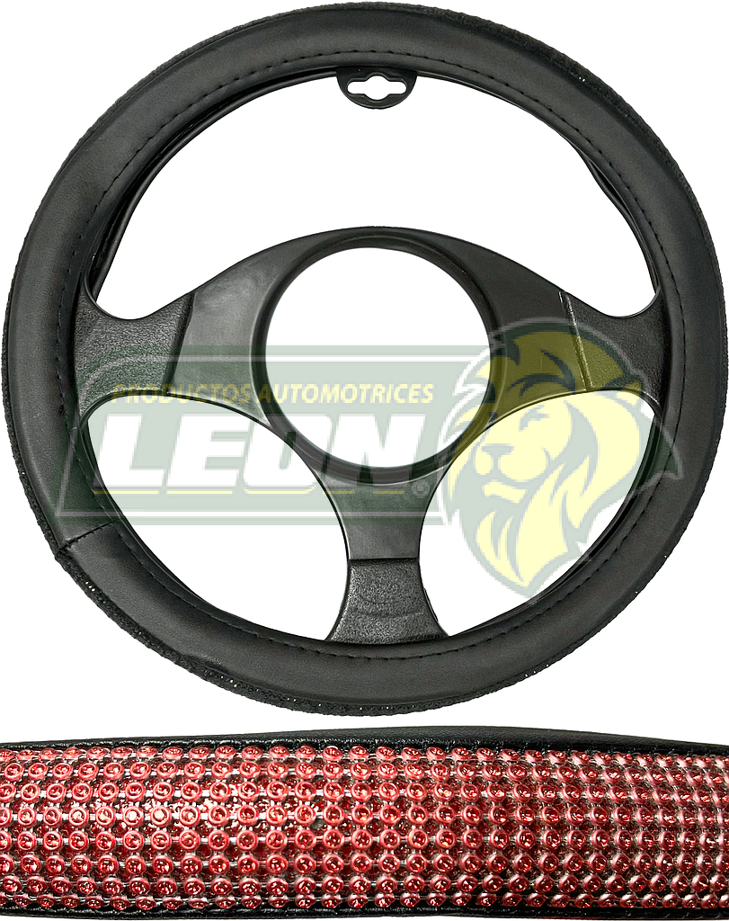 FUNDA P/VOLANTE NEGRA CON PEDRERIA T/DIAMANTE ROJO, MEDIANA 38 cm.