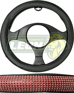 FUNDA P/VOLANTE NEGRA CON PEDRERIA T/DIAMANTE ROJO, MEDIANA 38 cm.