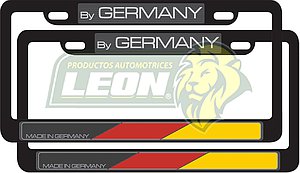 PORTAPLACAS NEGRAS LETRAS REALZADAS CROMADA C/IMPRESIÓN BANDERA ALEMANIA EN HOT STAMPING POLIESTIRENO VW (JGO. c/2 pzas.)