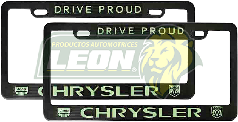 PORTAPLACAS NEGRAS GRABADAS CHRYSLER LETRAS FLUORESCENTES (JGO. c/2 pzas.)