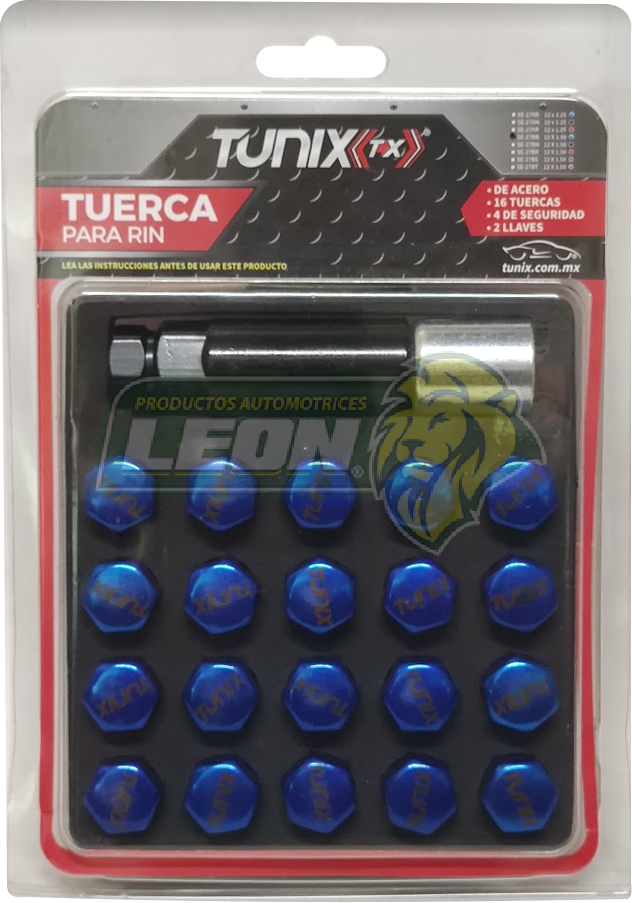 JUEGO DE 16 TUERCAS 12X1.5 AZUL CON 4 SEGUROS DE RIN Y 1 LLAVE TUNIX