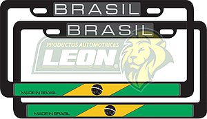 PORTAPLACAS NEGRAS LETRAS REALZADAS CROMADA C/IMPRESIÓN BANDERA BRASIL EN HOT STAMPING POLIESTIRENO (JGO. c/2 pzas.)