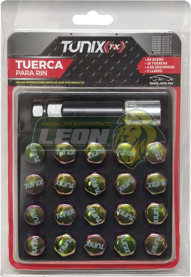 JUEGO DE 16 TUERCAS 12X1.5 TORNASOL CON 4 SEGUROS DE RIN Y 1 LLAVE TUNIX