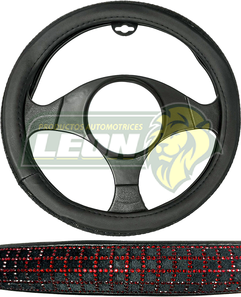 FUNDA P/VOLANTE NEGRA CON PEDRERIA T/DIAMANTE EN CUADRO ROJO, MEDIANA 38 cm.