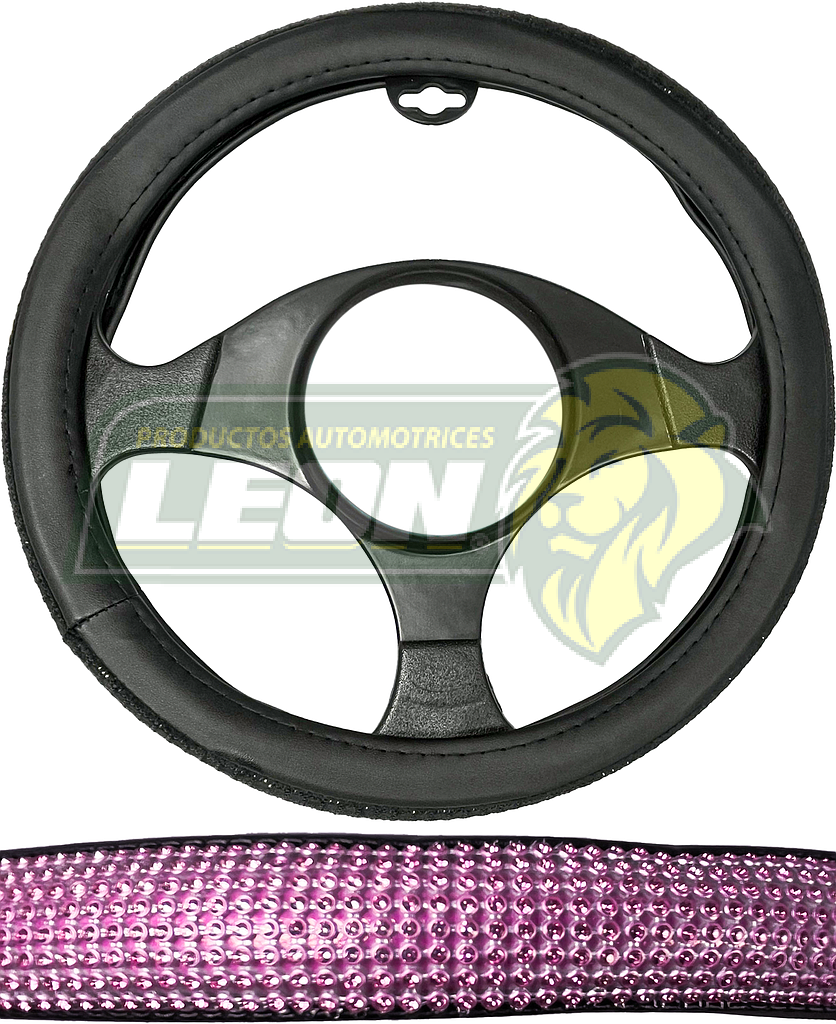 FUNDA P/VOLANTE NEGRA CON PEDRERIA T/DIAMANTE ROSA, MEDIANA 38 cm.